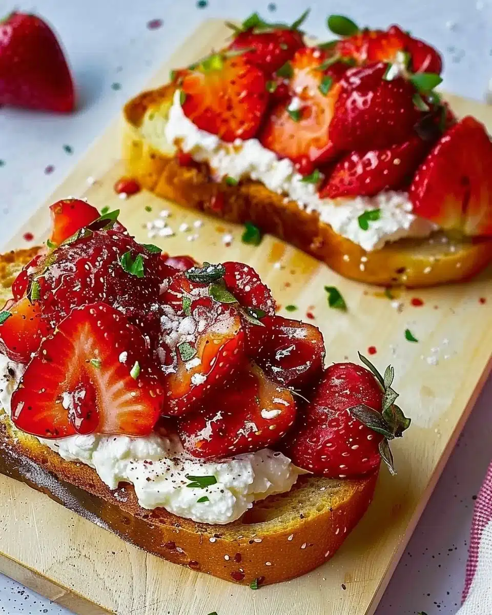 Roasted strawberry whipped ricotta toast topped with fresh strawberries.