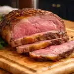 Perfectly cooked Standing Rib Roast served with Yorkshire pudding on a festive table.