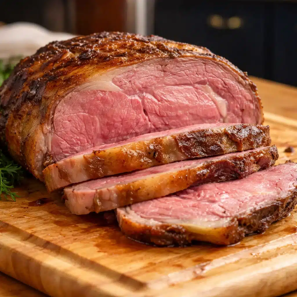 Perfectly cooked Standing Rib Roast served with Yorkshire pudding on a festive table.