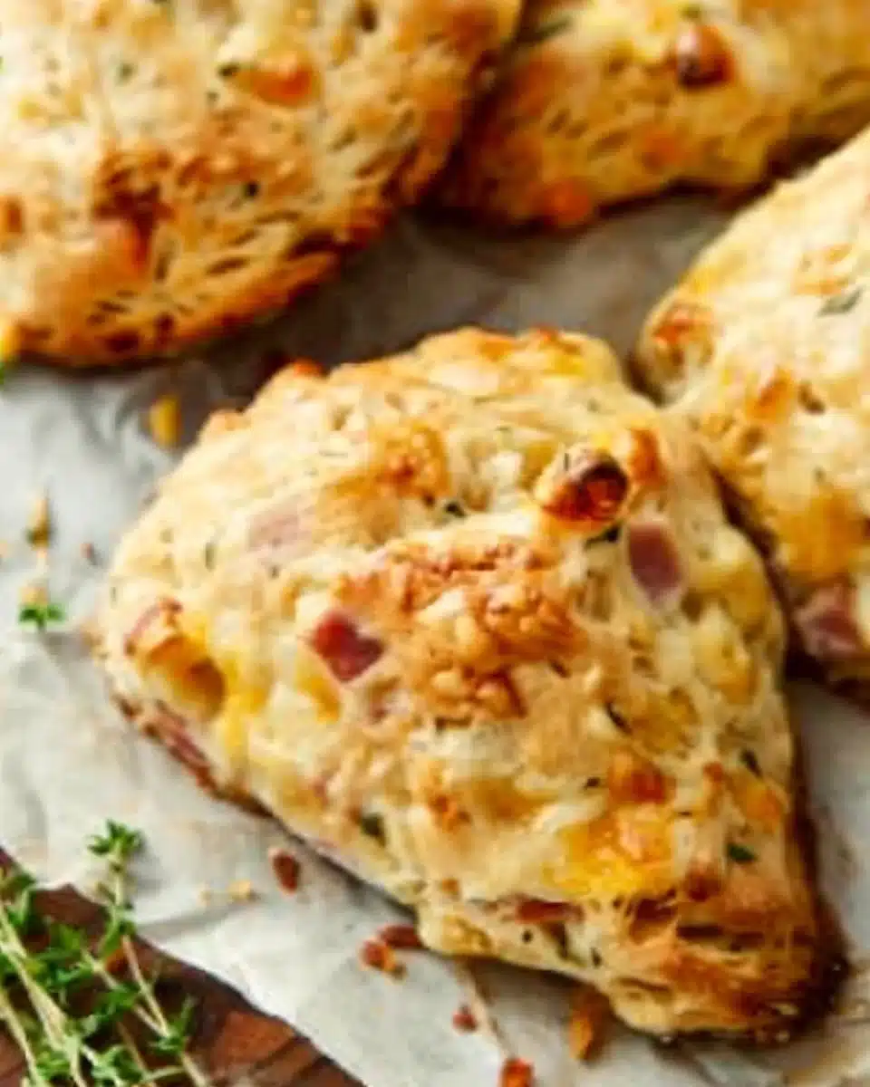 Freshly baked savory ham and cheese scones on a wooden table