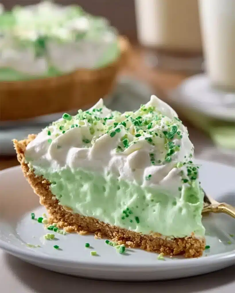 A slice of Shamrock Shake Pie topped with whipped cream and mint leaves.