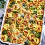 Sheet pan broccoli tortellini bake with cheese and vegetables