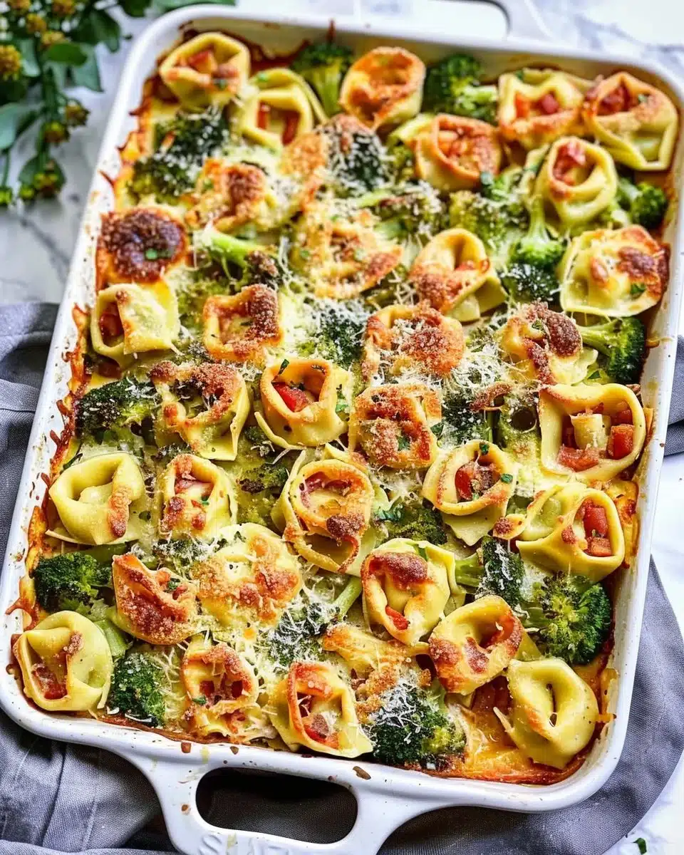 Sheet pan broccoli tortellini bake with cheese and vegetables