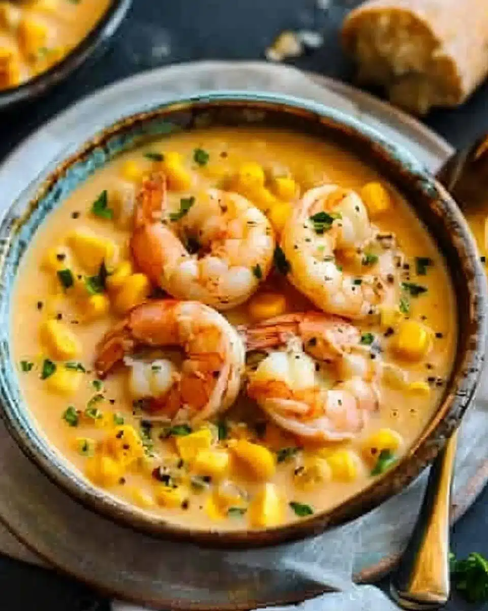 A bowl of creamy shrimp and corn chowder garnished with herbs