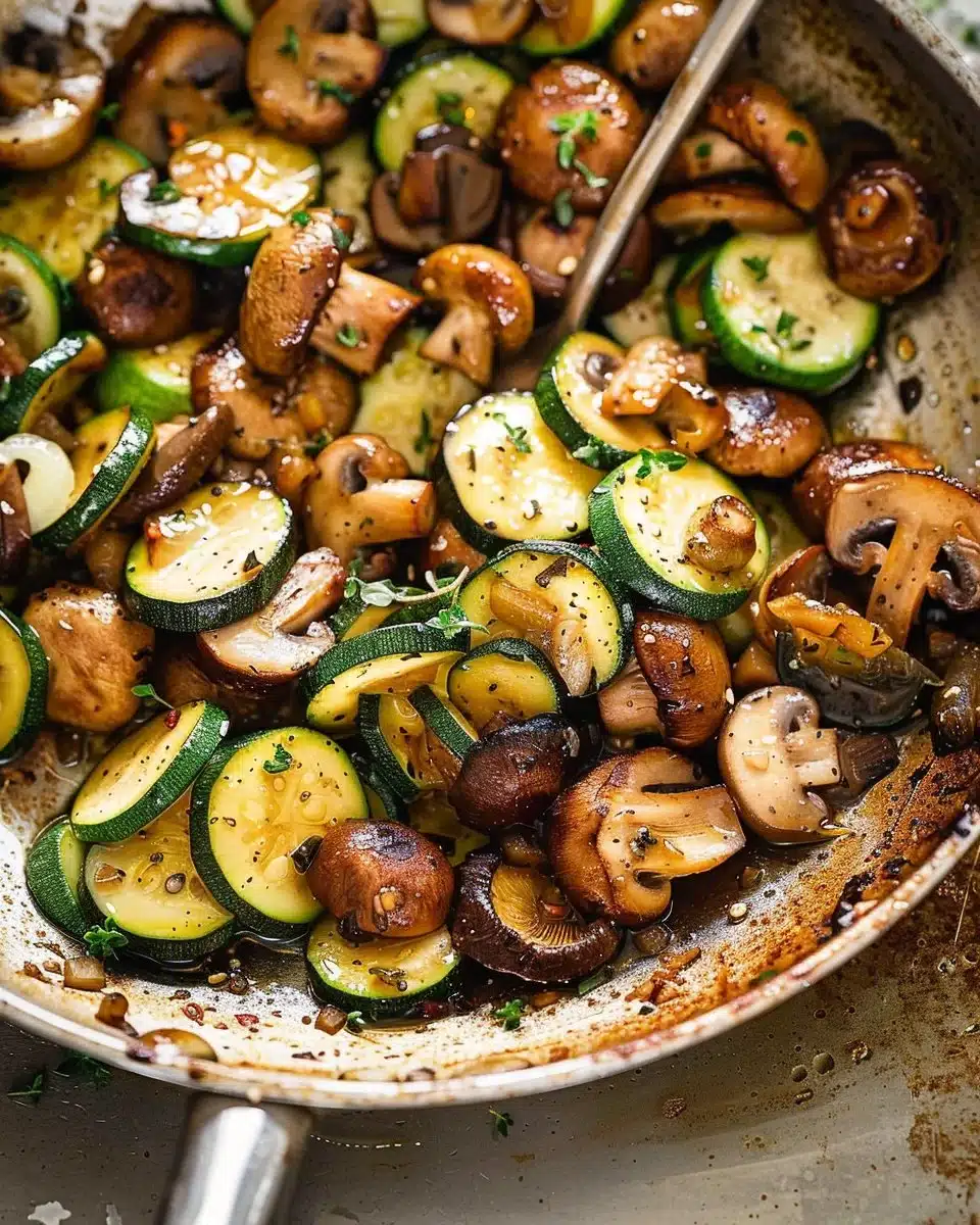 A skillet dish featuring sautéed zucchini and mushrooms, garnished and ready to serve.