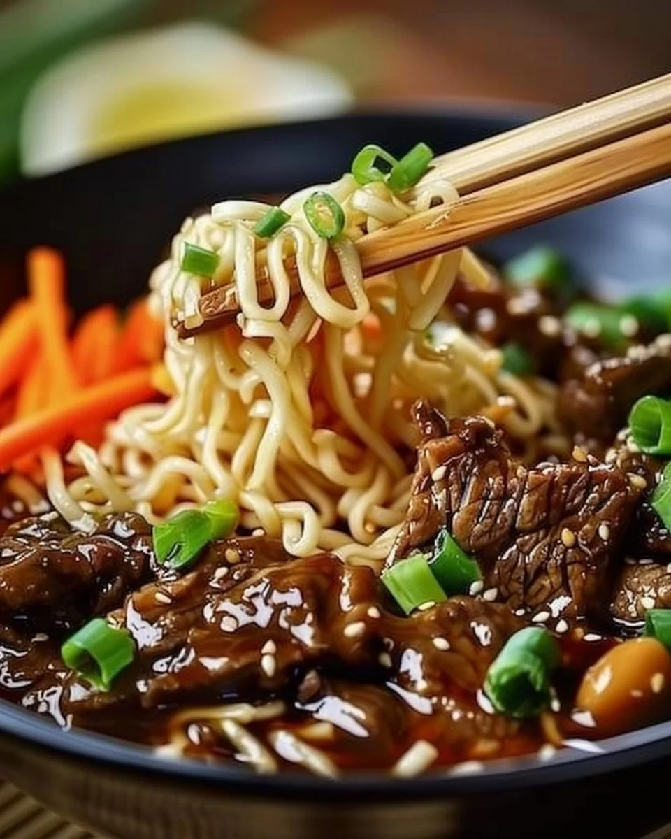Delicious slow cooker beef ramen noodles in a bowl with garnishes