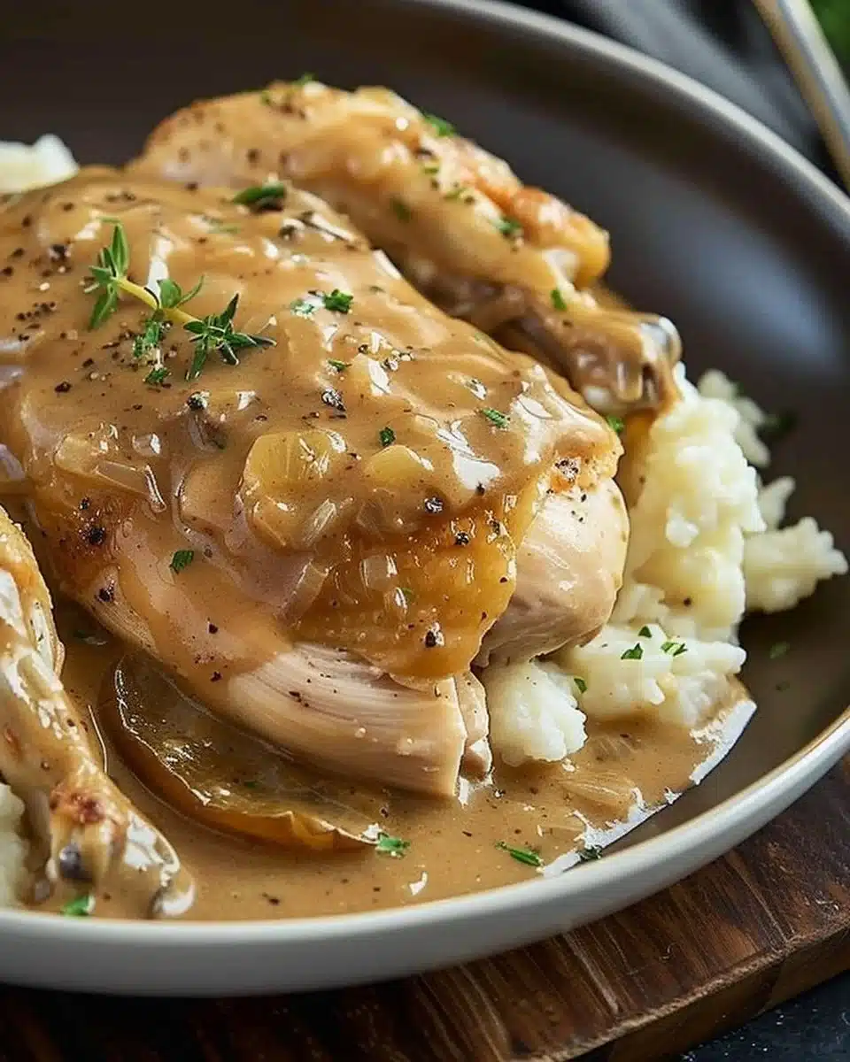 Delicious slow cooker chicken served with rich gravy over mashed potatoes