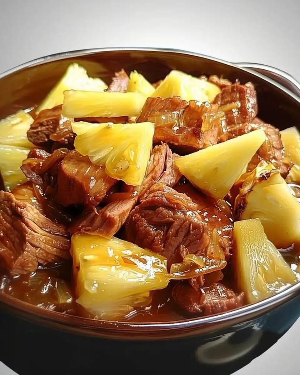 Slow Cooker Pineapple Pork served with rice and garnished with pineapple slices.