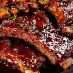 Delicious slow cooker ribs served on a plate with barbecue sauce