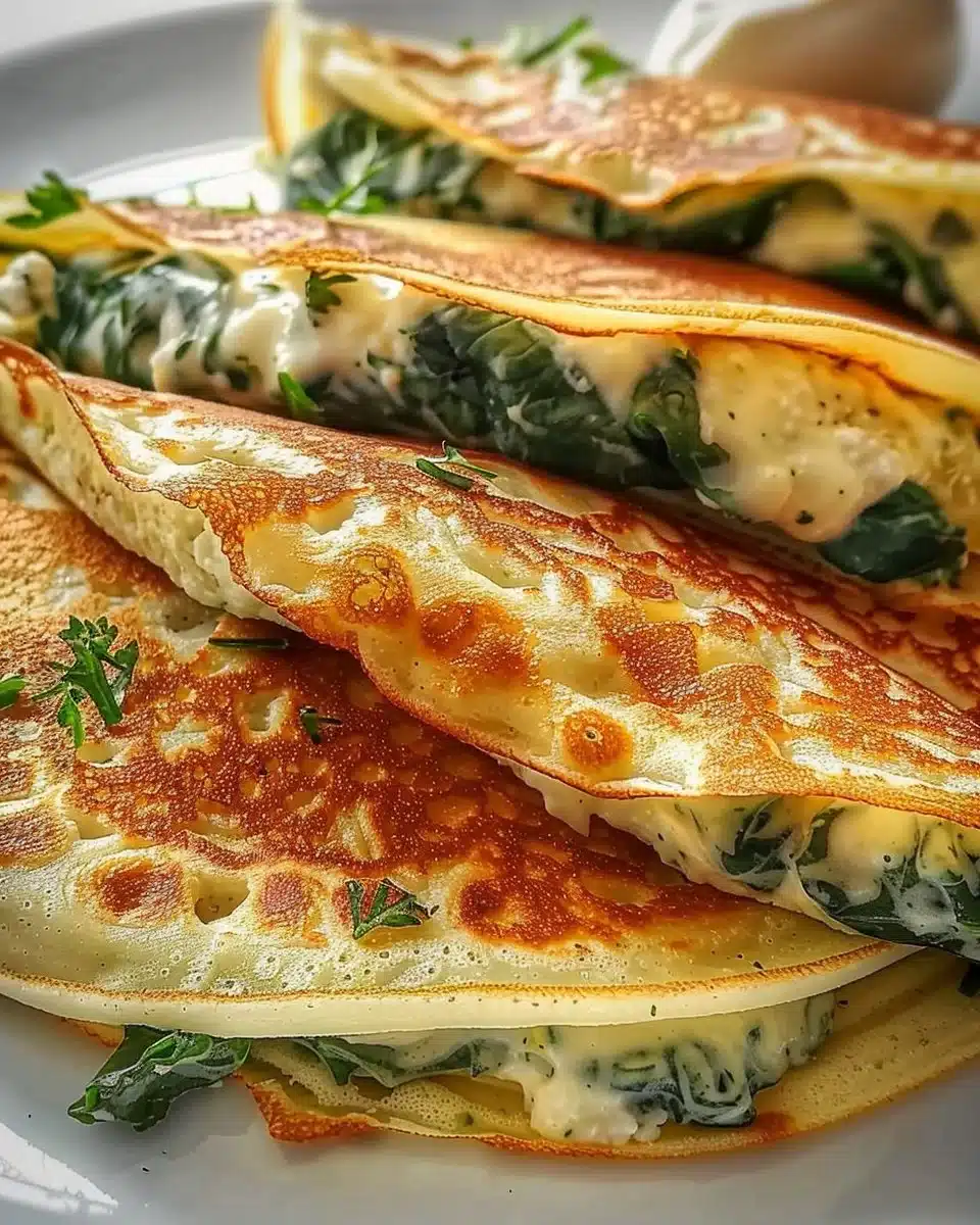 Delicious spinach cheese crepes served on a plate with herbs and garnish.