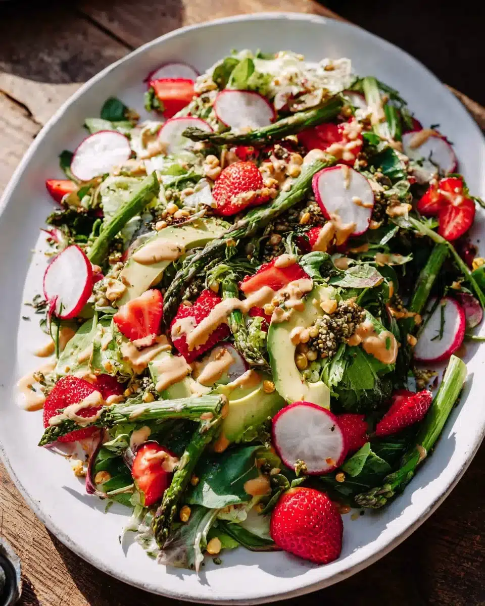 Colorful spring farro salad with fresh vegetables and herbs
