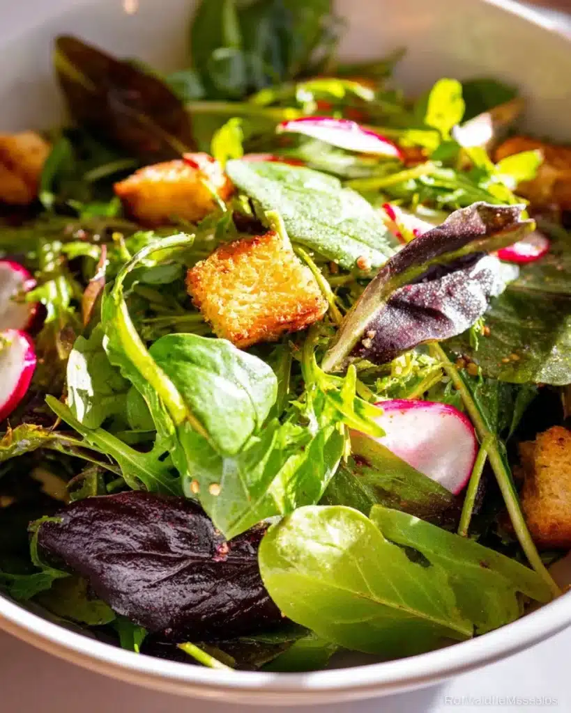 Fresh spring mix salad with honey lemon vinaigrette drizzled on top.
