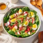 A colorful Spring Spinach Salad with fresh veggies and dressing