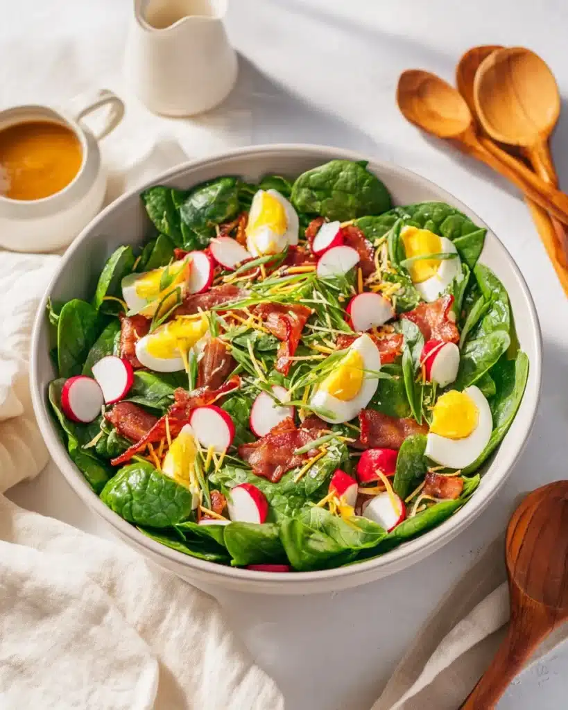 A colorful Spring Spinach Salad with fresh veggies and dressing