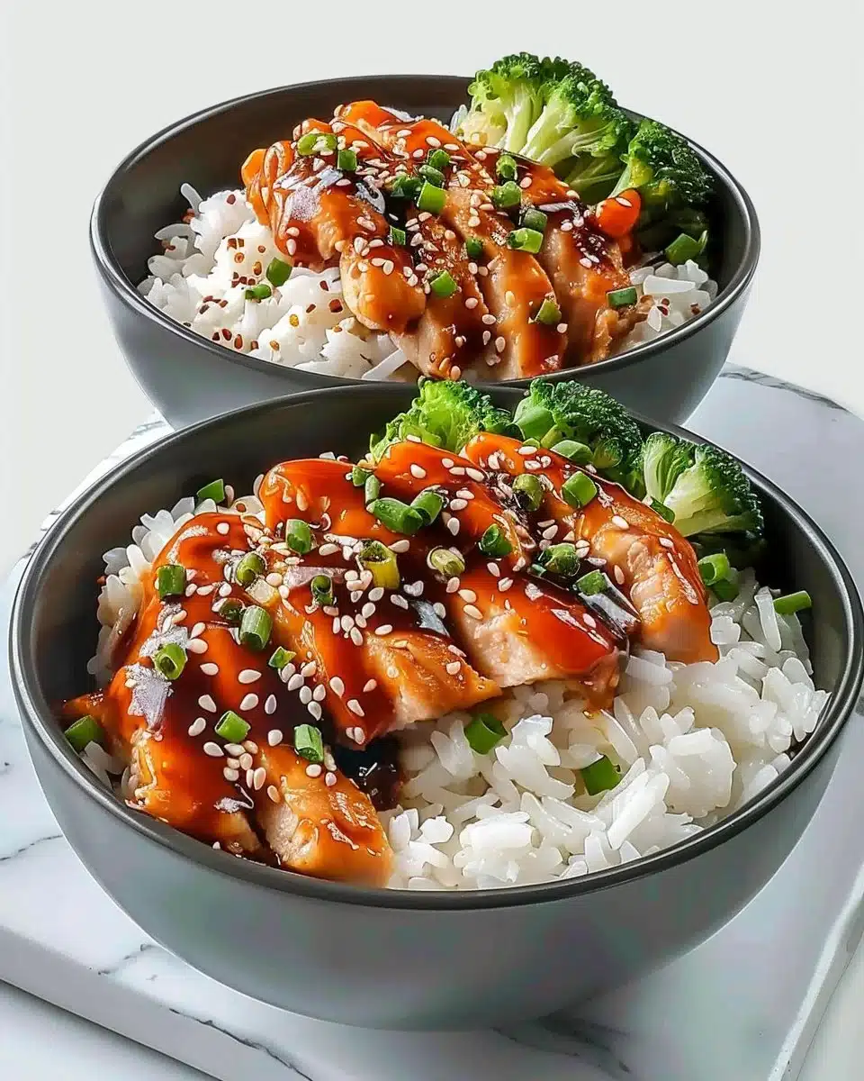 Sticky Chicken Rice Bowls with vegetables and sauce in a bowl
