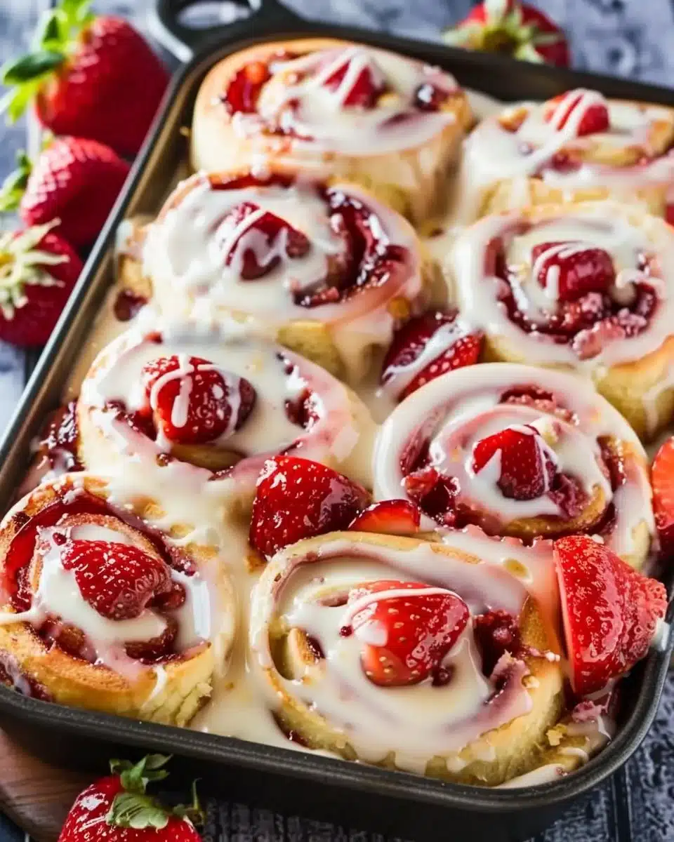 Delicious Strawberry Cheesecake Cinnabon Rolls with cream cheese frosting