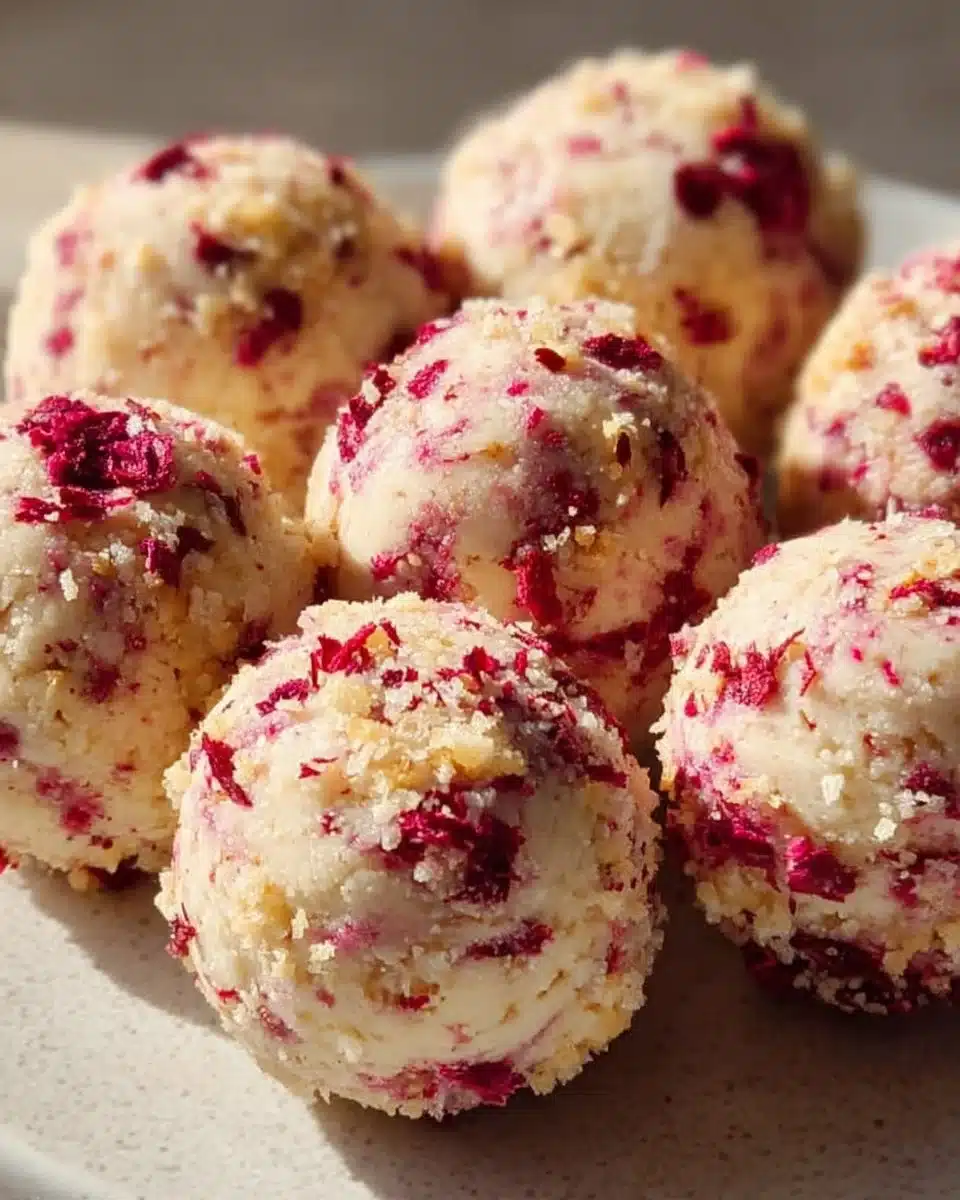 Strawberry Cheesecake Protein Balls on a rustic wooden table