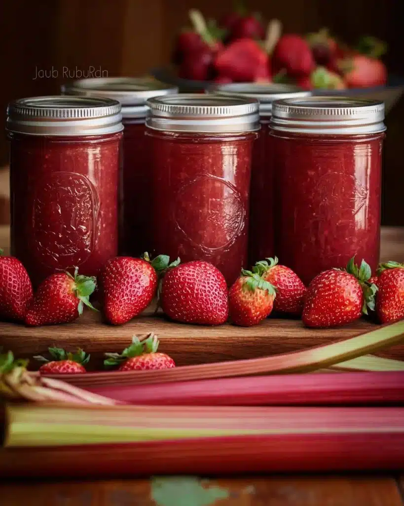 Jar of homemade strawberry rhubarb jam with fresh strawberries and rhubarb stalks