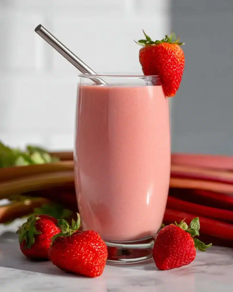 Strawberry Rhubarb Smoothie in a glass garnished with fresh strawberries.