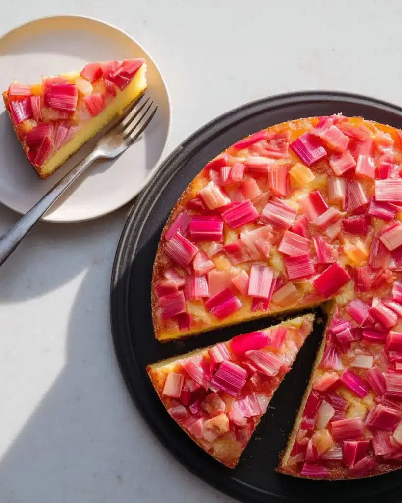 Delicious strawberry rhubarb upside down cake topped with fresh strawberries