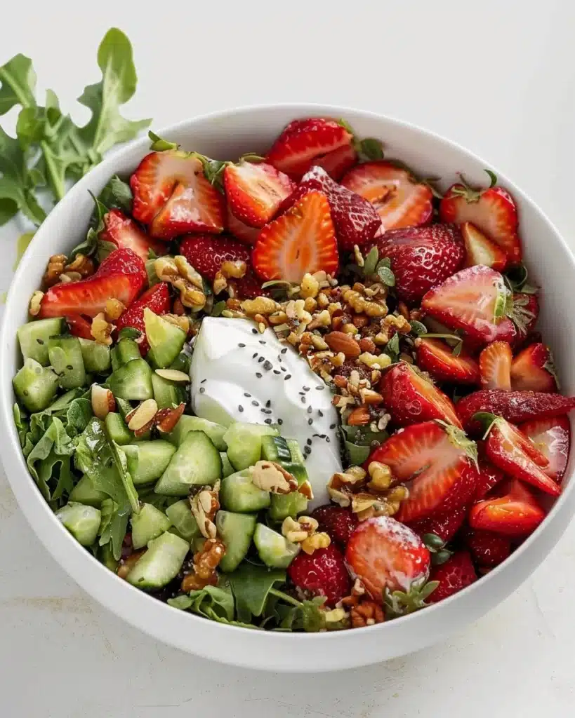 Colorful Strawberry Salad topped with fresh greens and nuts