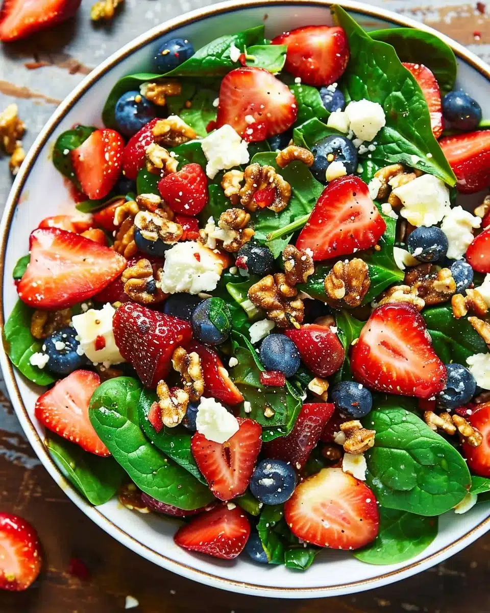 Delicious Strawberry Spinach Salad with fresh strawberries and spinach leaves