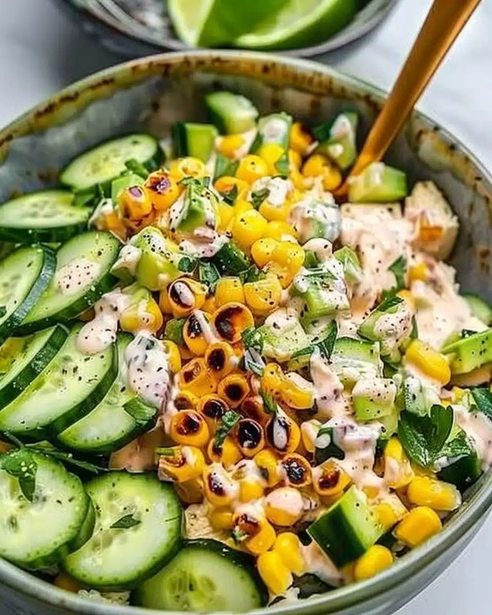 Delicious Street Corn Creamy Cucumber Chicken Salad served in a bowl