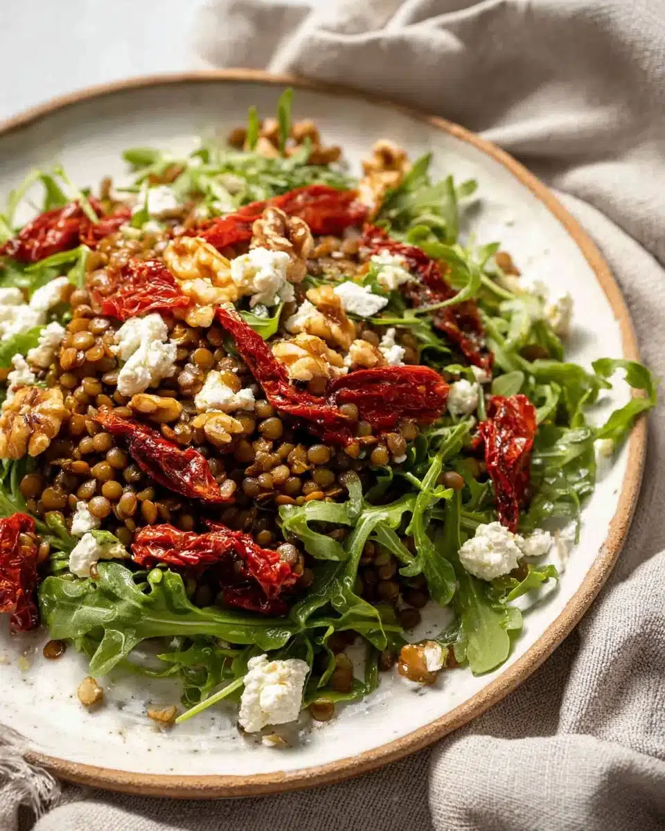 Sun-dried tomato and arugula lentil salad in a bowl garnished with herbs.