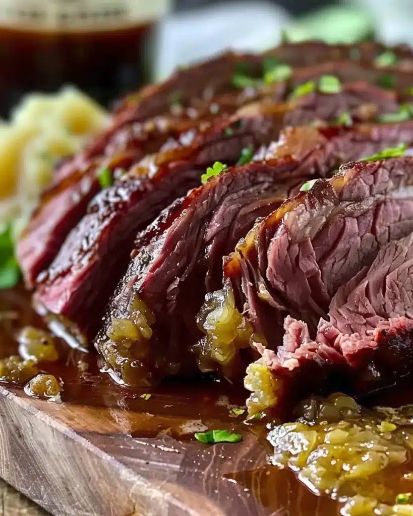 Tender Guinness braised corned beef brisket served with vegetables