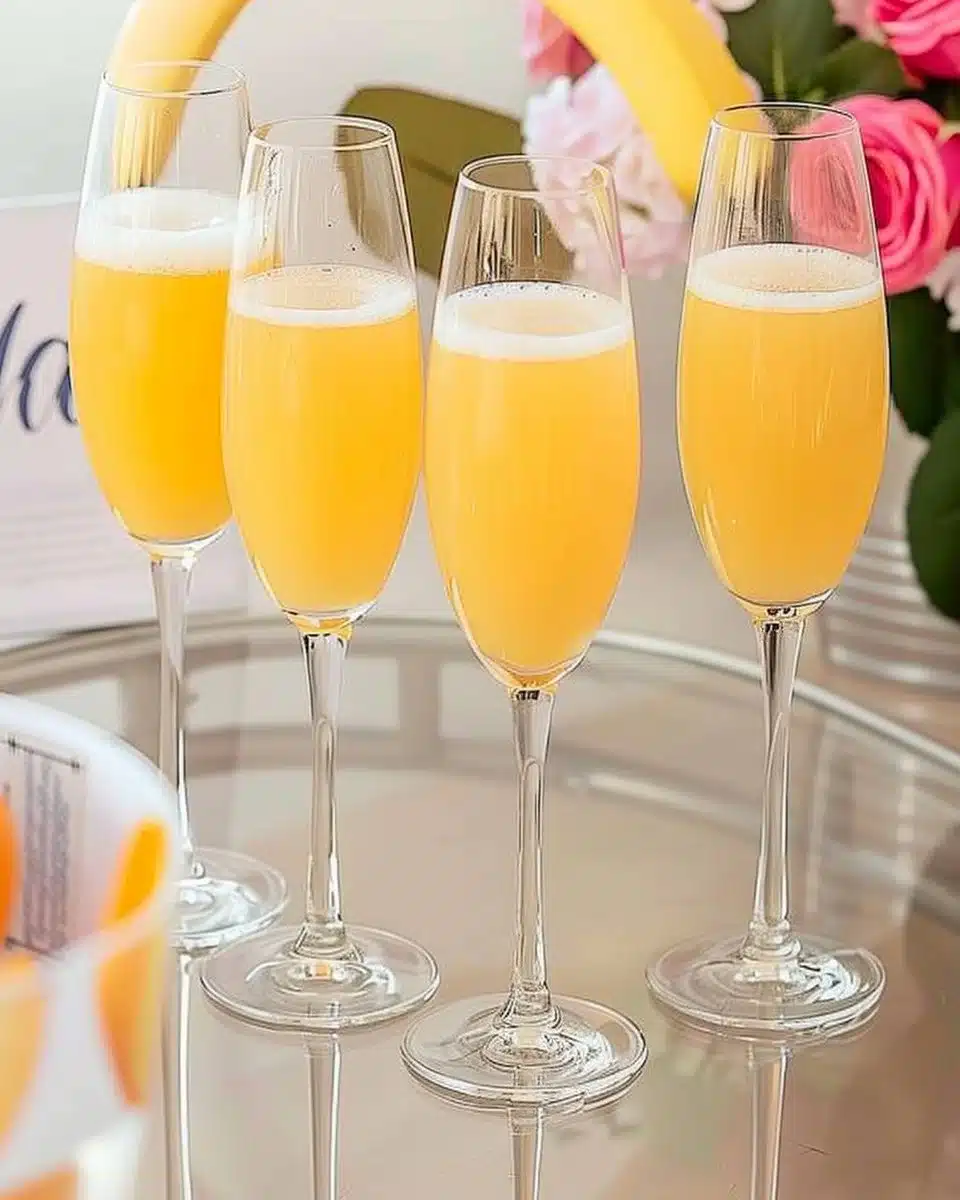 Classic mimosa cocktail made with fresh orange juice and champagne.
