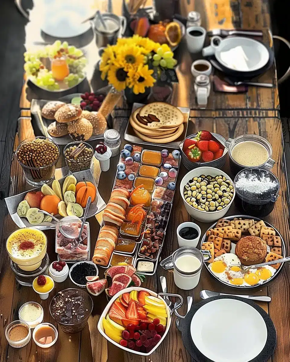 Colorful and delicious vibrant brunch spread featuring various dishes and drinks.
