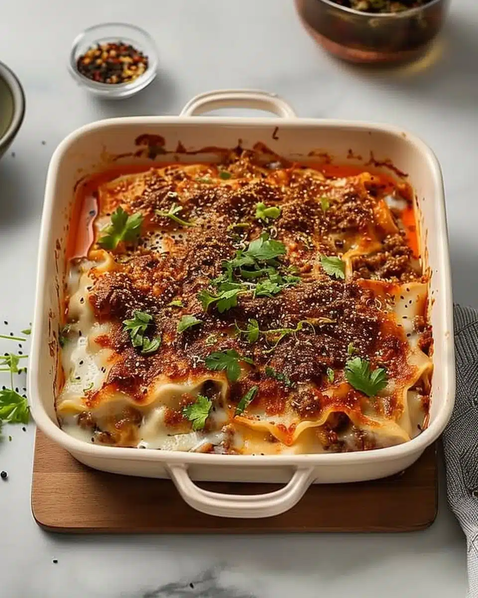 Viral dumpling lasagna prepared with layers of dumplings, cheese, and sauce.