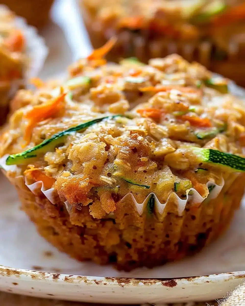Freshly baked Zucchini Carrot Muffins with oats on a wooden table