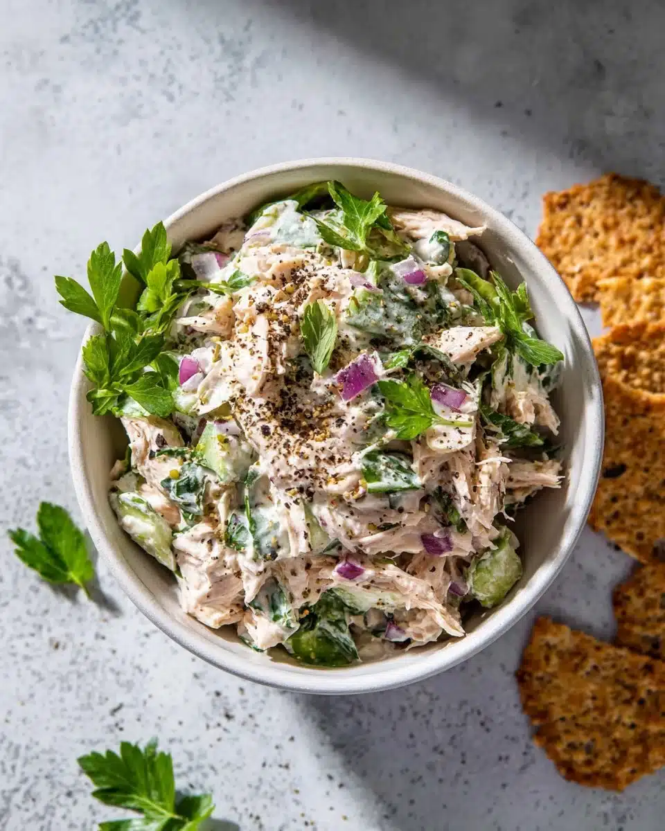 Quick and healthy rotisserie chicken salad served in a bowl