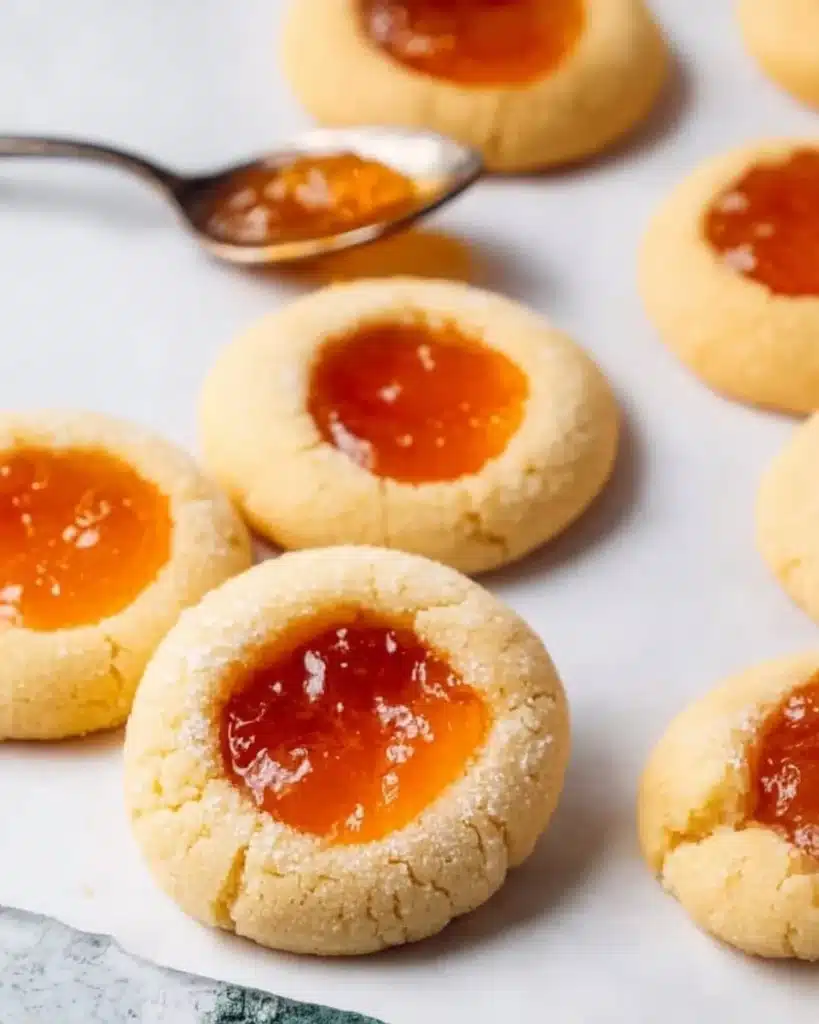 Freshly baked apricot filled thumbprint cookies on a cooling rack