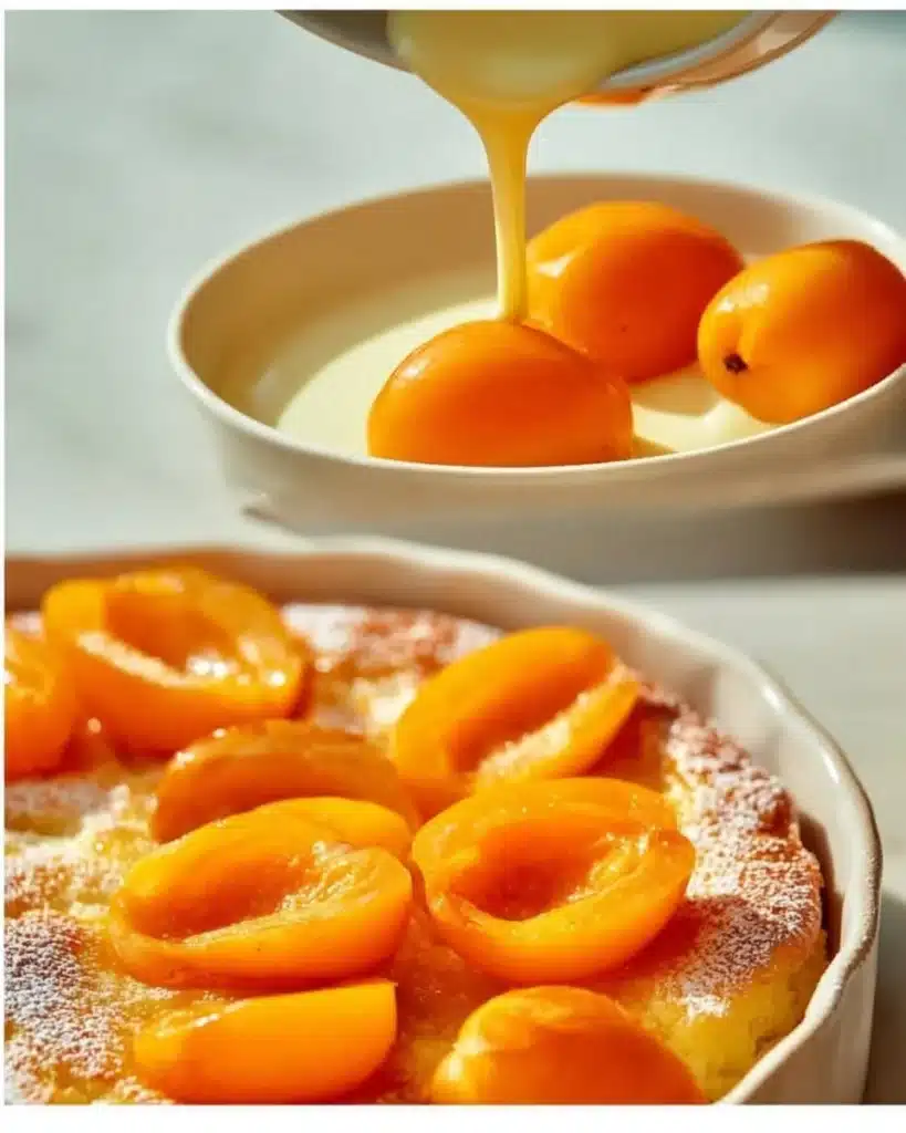 Delicious Apricot Flaugnarde with fresh apricots baked in a creamy custard.