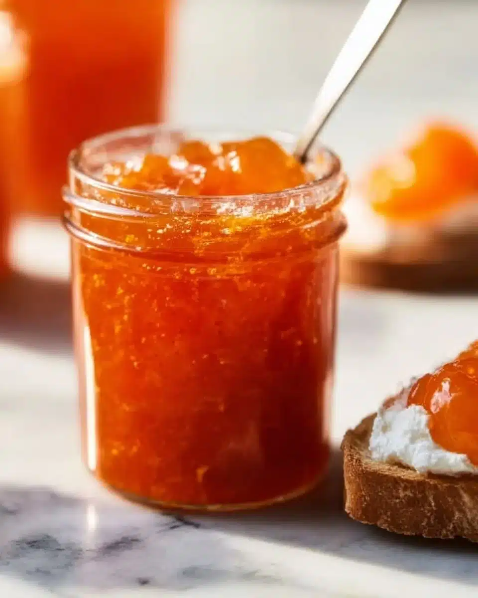 Homemade apricot jam jar with fresh apricots and a spreader on a wooden table.