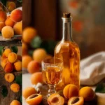 Bottle of apricot liqueur on a wooden table with fresh apricots