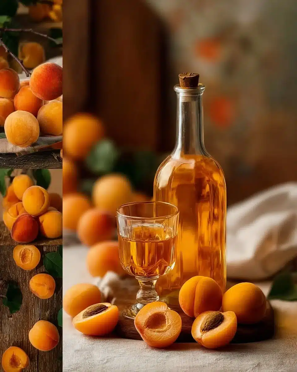 Bottle of apricot liqueur on a wooden table with fresh apricots
