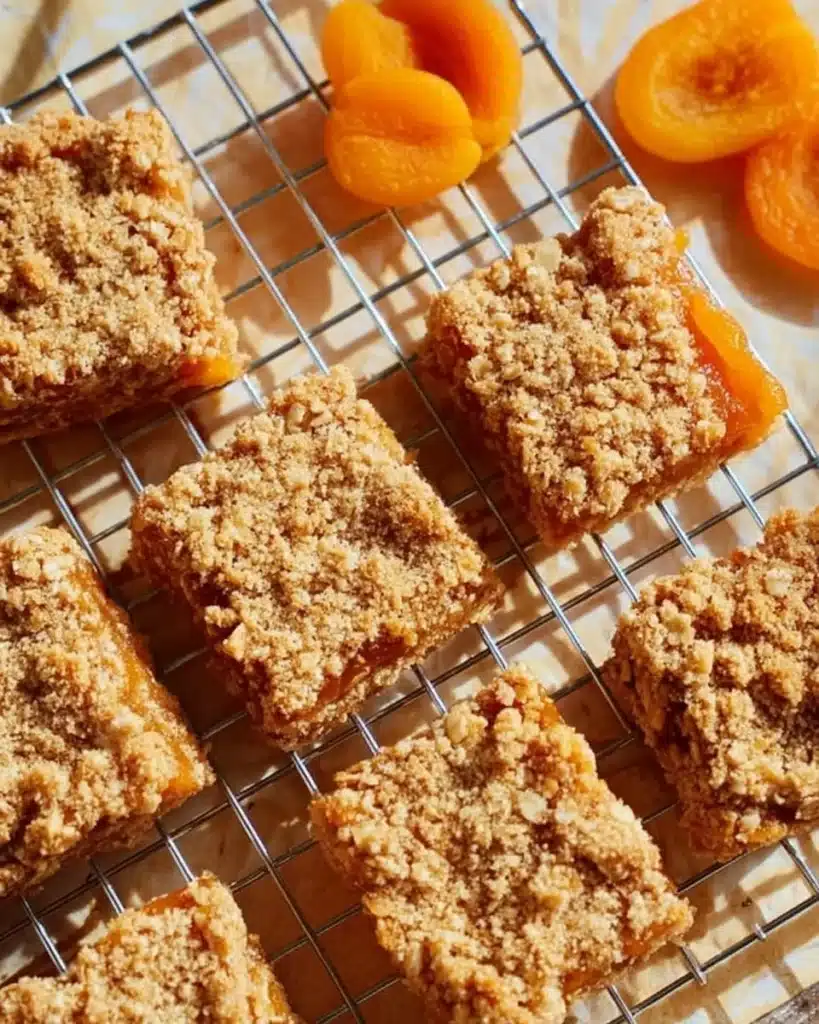 Delicious apricot oatmeal crumble bars on a wooden table, topped with oats.