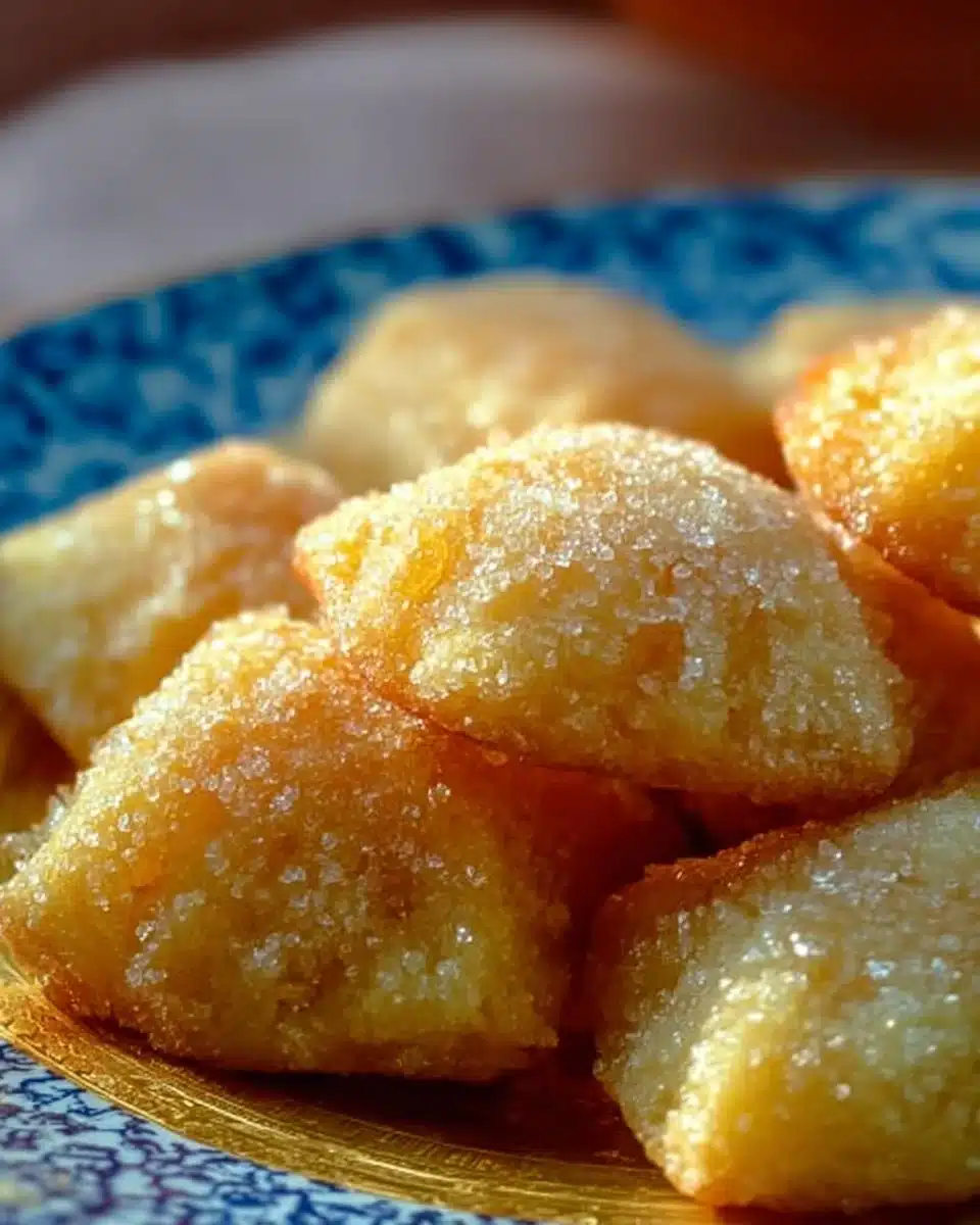 Delicious apricot pillow cookies on a white plate with a sprinkle of powdered sugar