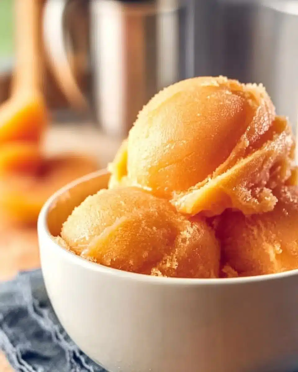 Bowl of homemade apricot sorbet garnished with fresh apricots and mint leaves