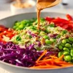 Colorful Asian Chicken Crunch Salad with vegetables and chicken pieces.