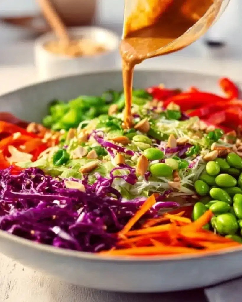 Colorful Asian Chicken Crunch Salad with vegetables and chicken pieces.