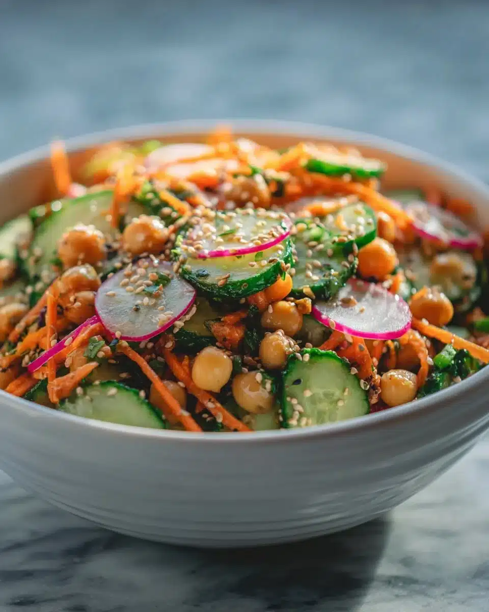 Asian Cucumber and Chickpea Slaw presented in a colorful bowl.