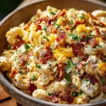 Delicious Bacon Cheddar Ranch Pasta Salad with crispy bacon and creamy dressing