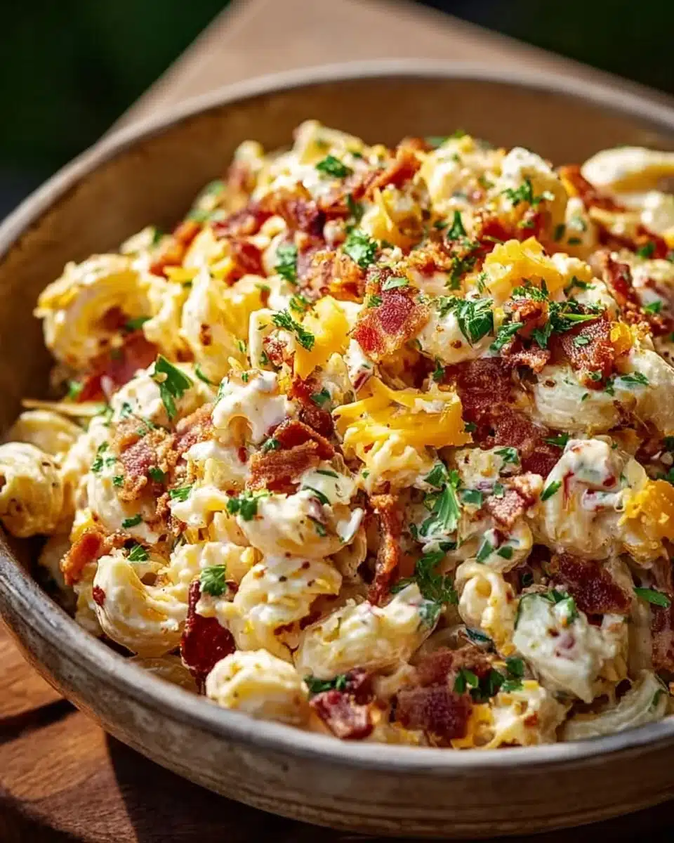 Delicious Bacon Cheddar Ranch Pasta Salad with crispy bacon and creamy dressing