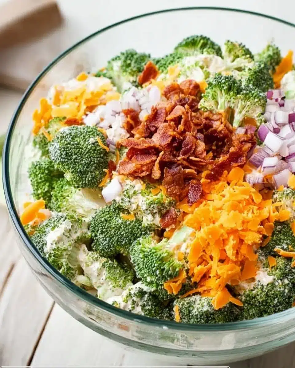 Delicious Bacon Ranch Broccoli Salad with crispy bacon and ranch dressing
