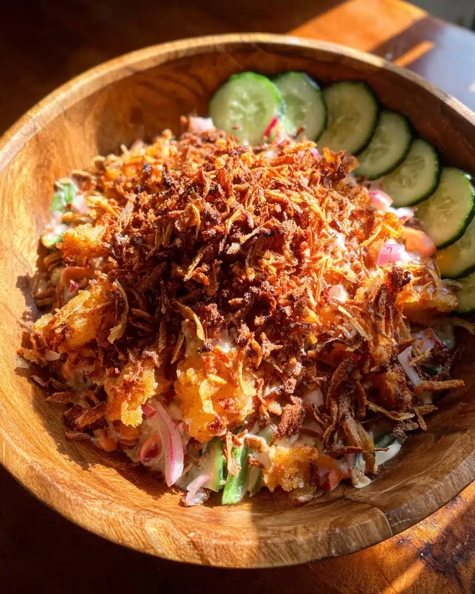 Bang Bang Chicken Crispy Rice Salad with colorful vegetables and crispy texture.