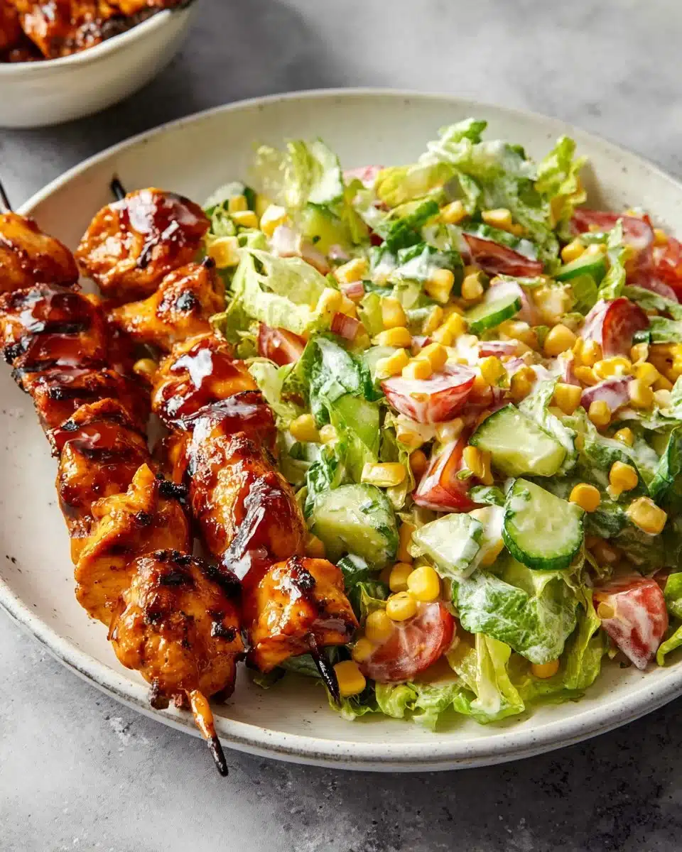 BBQ chicken skewer salad with fresh vegetables and herbs